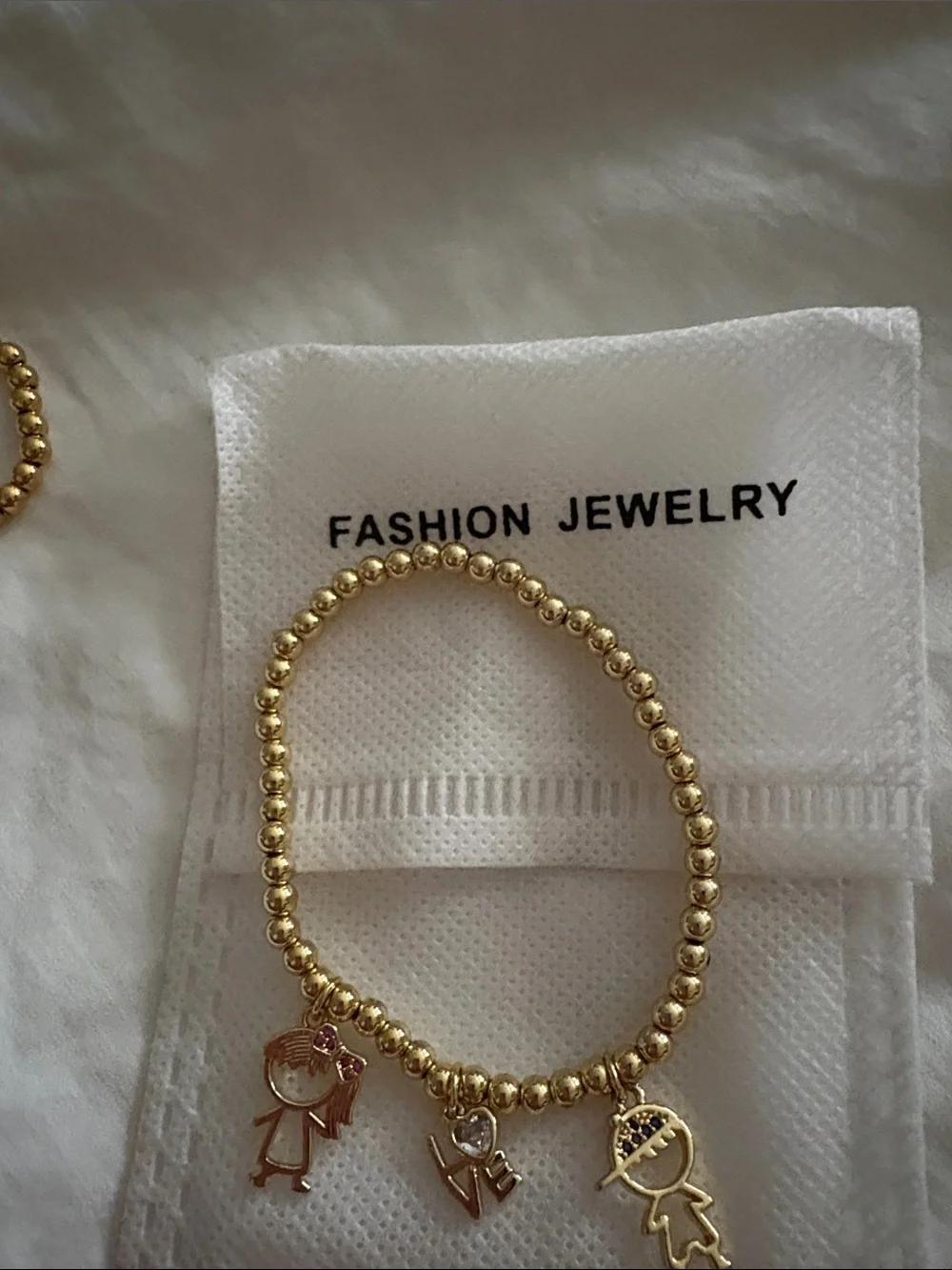 Fashion Jewelry Gold Beaded Bracelet with Girl, Boy & LOVE Charms